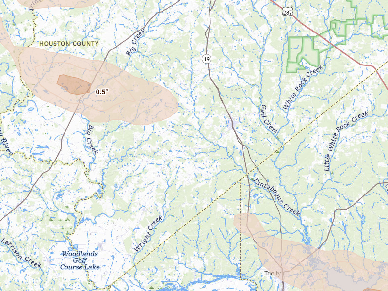 Radar-estimated hail-size map of the storm over Lovelady, TX on Mar 15, 2026