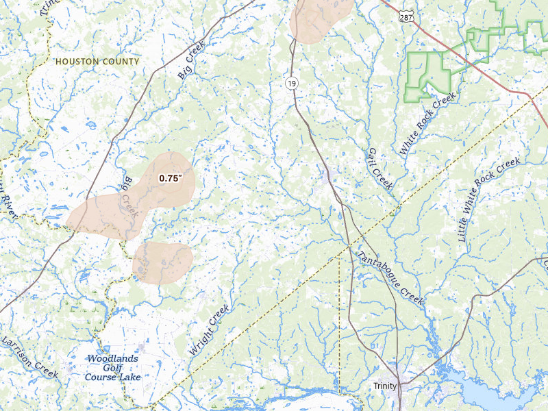 Radar-estimated hail-size map of the storm over Lovelady, TX on May 25, 2026