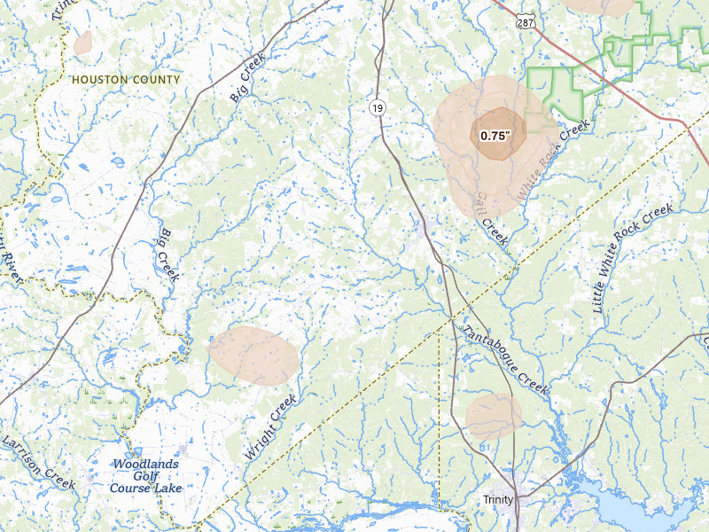 Radar-estimated hail-size map of the storm over Lovelady, TX on Jun 2, 2026