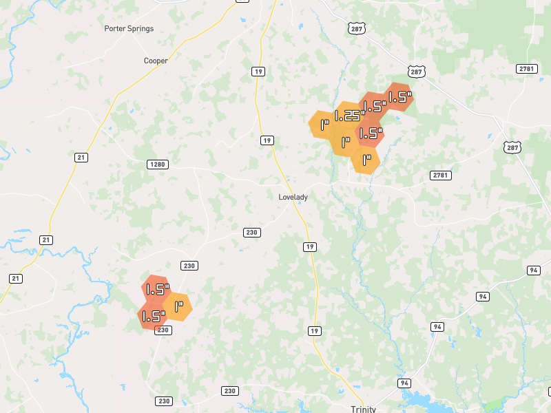 Hail map of Lovelady, TX on Jun 2, 2026, hail up to 1.5"