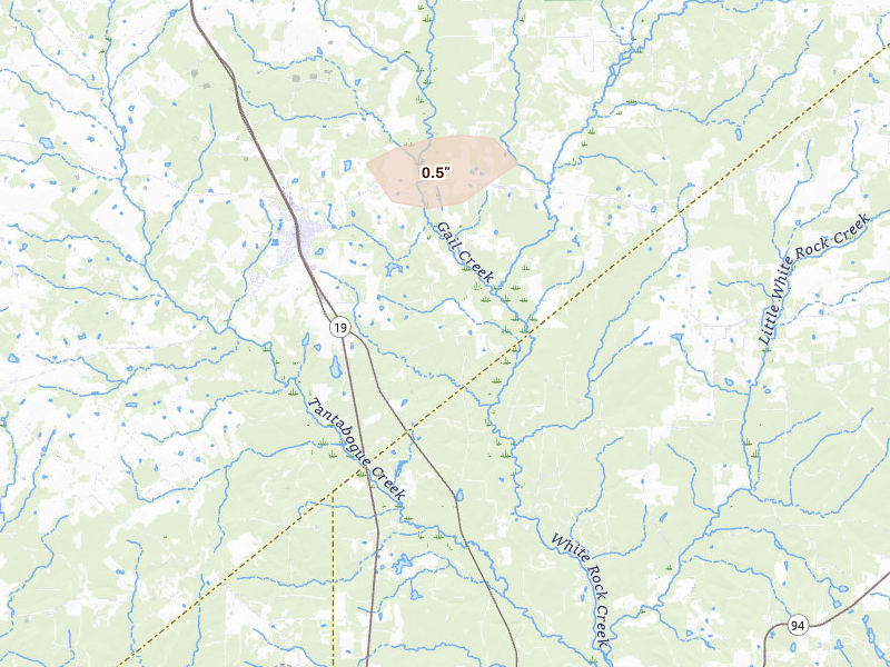 Radar-estimated hail-size map of the storm over Lovelady, TX on Aug 6, 2026