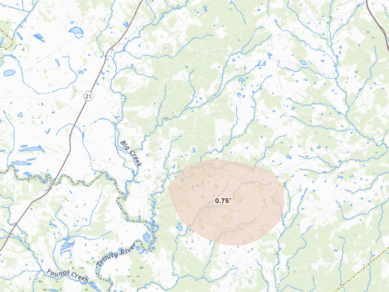 Radar-estimated hail-size map of the storm over Lovelady, TX on Aug 27, 2026