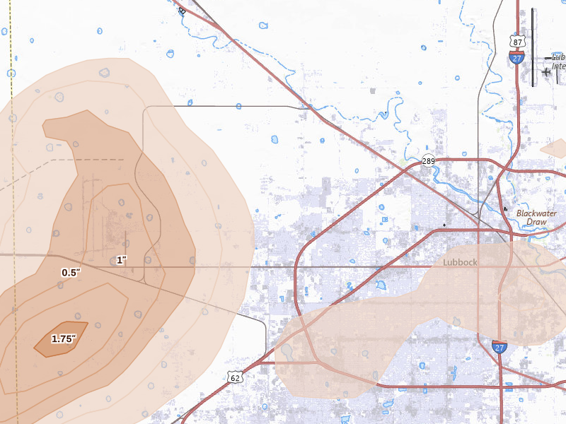 Radar-estimated hail-size map of the storm over Lubbock, TX on May 31, 2026