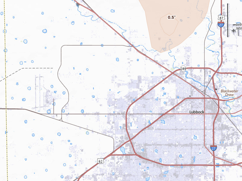 Radar-estimated hail-size map of the storm over Lubbock, TX on Jun 5, 2026