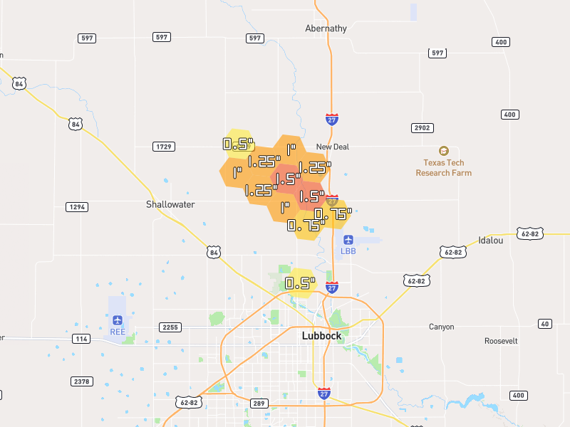 Hail map of Lubbock, TX on Jun 5, 2026, hail up to 1.5"