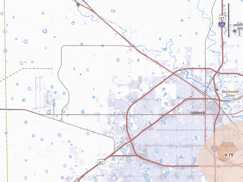 Radar-estimated hail-size map of the storm over Lubbock, TX on Jun 11, 2026