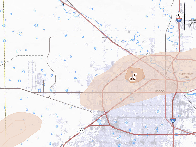 Radar-estimated hail-size map of the storm over Lubbock, TX on Jun 25, 2026