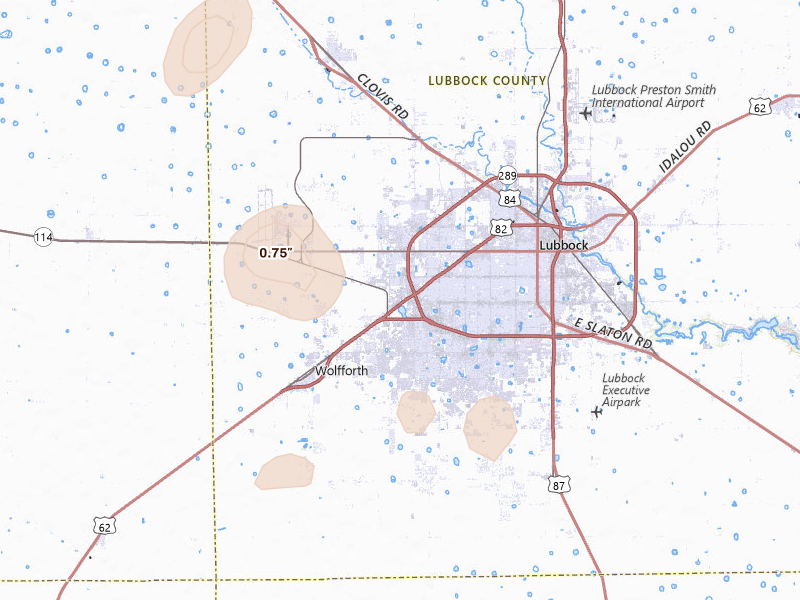 Radar-estimated hail-size map of the storm over Lubbock, TX on Aug 13, 2026