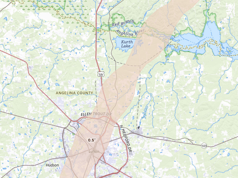 Radar-estimated hail-size map of the storm over Lufkin, TX on Jan 9, 2026