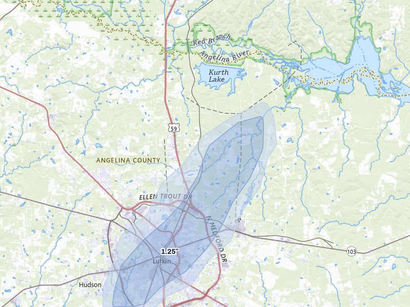 NEXRAD radar-signature map of the hail storm over Lufkin, TX on Jan 9, 2026
