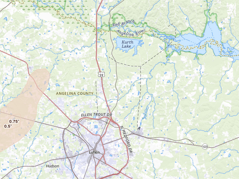 Radar-estimated hail-size map of the storm over Lufkin, TX on Mar 7, 2026