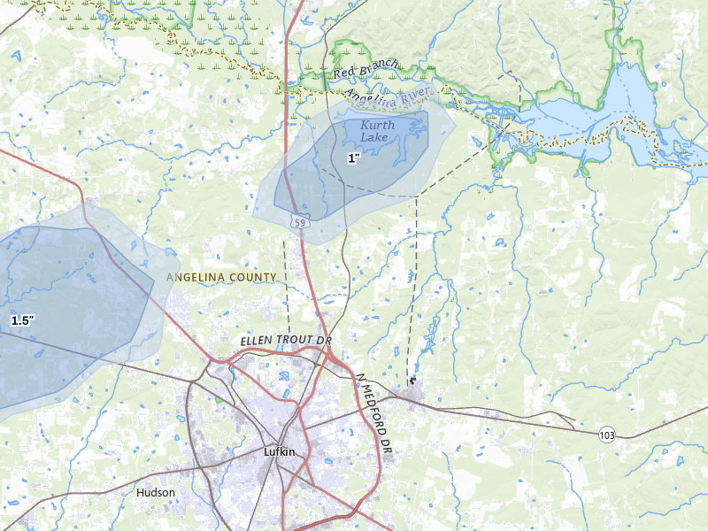 NEXRAD radar-signature map of the hail storm over Lufkin, TX on Mar 7, 2026
