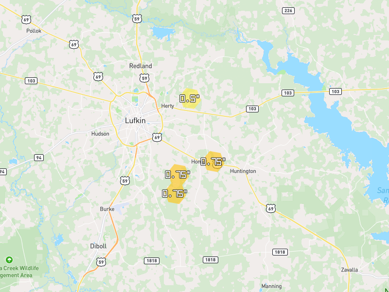 Hail map of Lufkin, TX on Jul 5, 2026, hail up to 0.75"