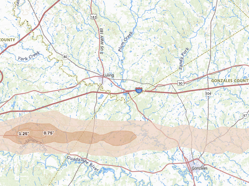 Radar-estimated hail-size map of the storm over Luling, TX on Apr 30, 2026