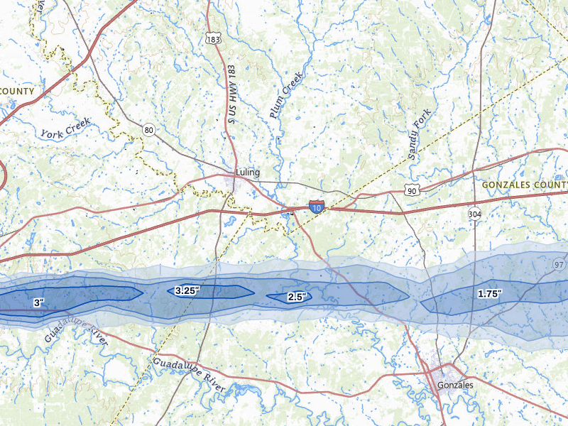 NEXRAD radar-signature map of the hail over Luling, TX