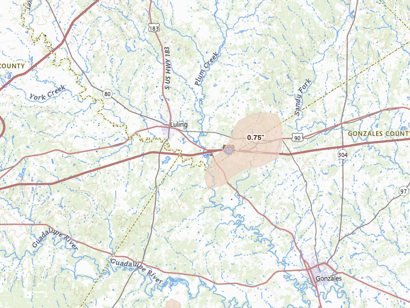 Radar-estimated hail-size map of the storm over Luling, TX on Jun 2, 2026