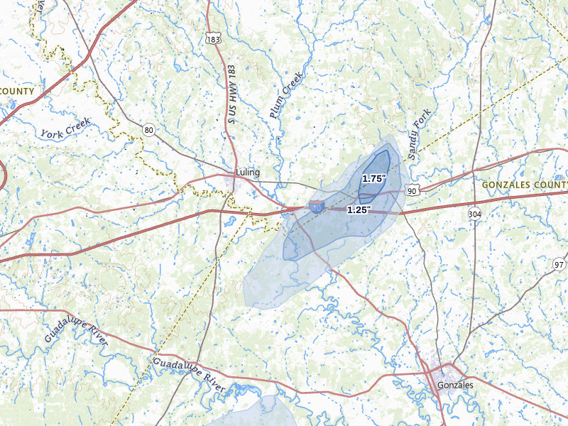 NEXRAD radar-signature map of the hail over Luling, TX