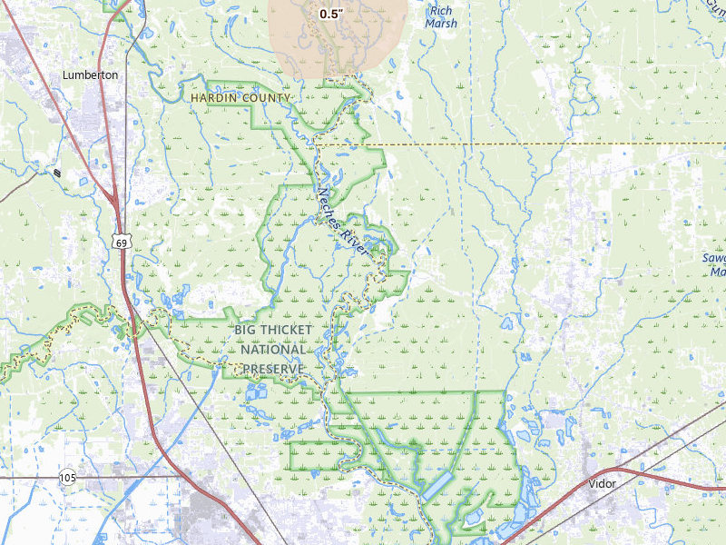 Radar-estimated hail-size map of the storm over Lumberton, TX on Jul 1, 2026