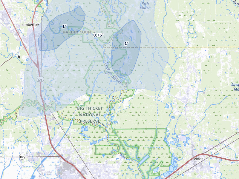 NEXRAD radar-signature map of the hail storm over Lumberton, TX on Jul 5, 2026