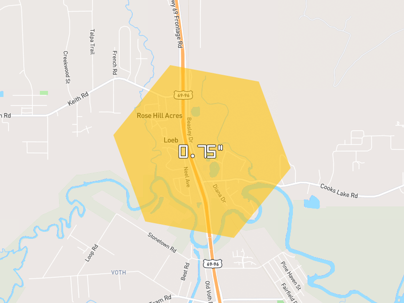 Hail map of Lumberton, TX on Jul 6, 2026, hail up to 0.75"