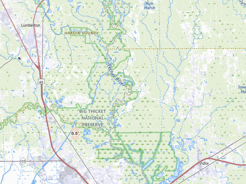 Radar-estimated hail-size map of the storm over Lumberton, TX on Jul 9, 2026
