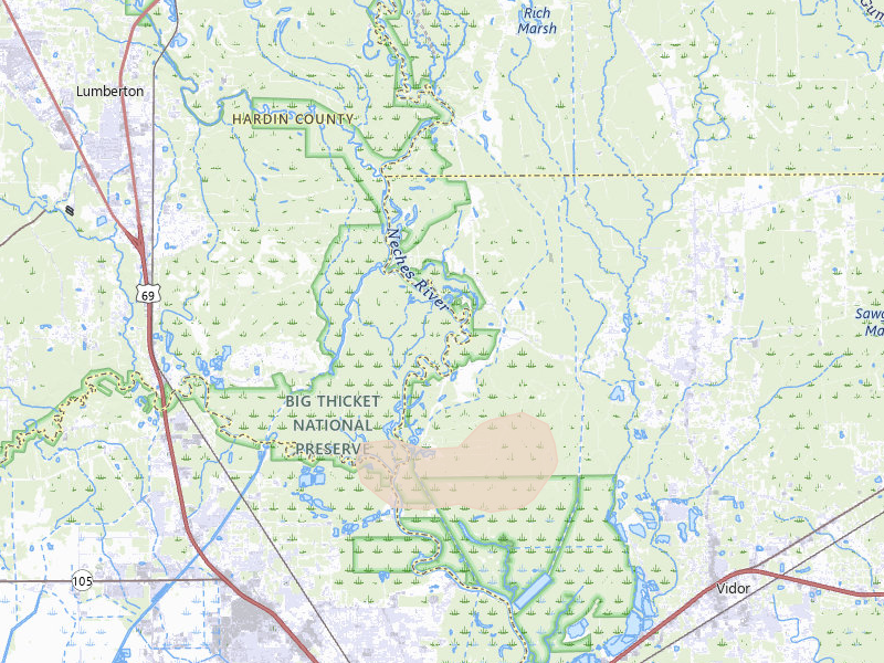 Radar-estimated hail-size map of the storm over Lumberton, TX on Aug 27, 2026