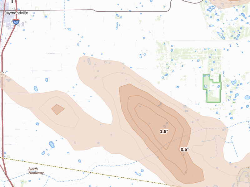 Radar-estimated hail-size map of the storm over Lyford, TX on Jan 3, 2026