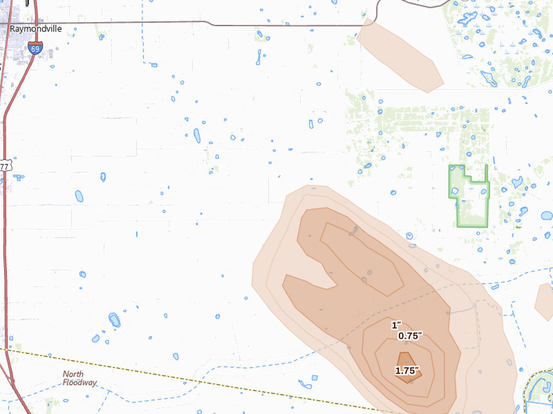 Radar-estimated hail-size map of the storm over Lyford, TX on Mar 1, 2026