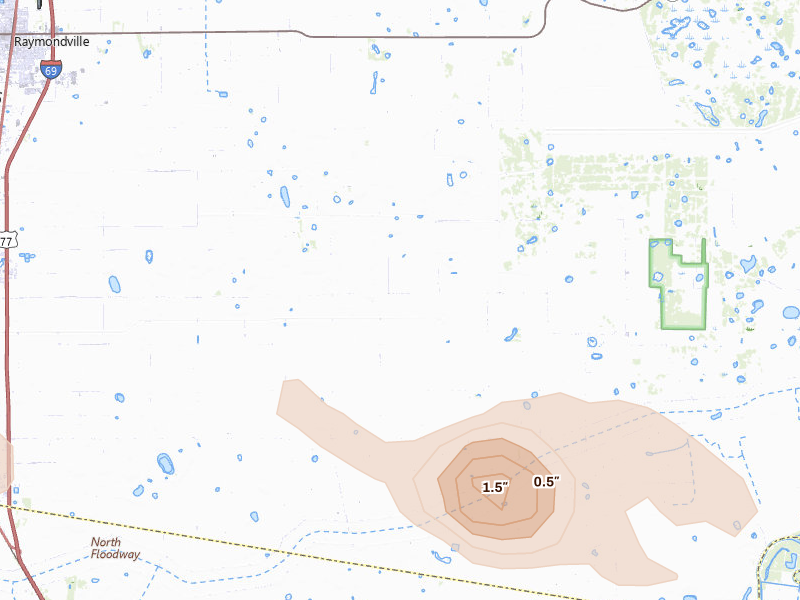 Radar-estimated hail-size map of the storm over Lyford, TX on Apr 29, 2026