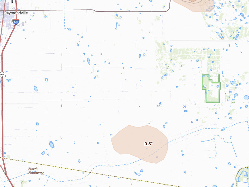 Radar-estimated hail-size map of the storm over Lyford, TX on May 14, 2026