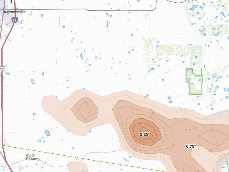 Radar-estimated hail-size map of the storm over Lyford, TX on May 30, 2026