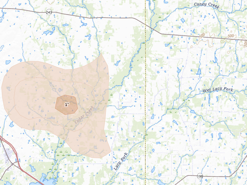 Radar-estimated hail-size map of the storm over Mabank, TX on Jul 5, 2026