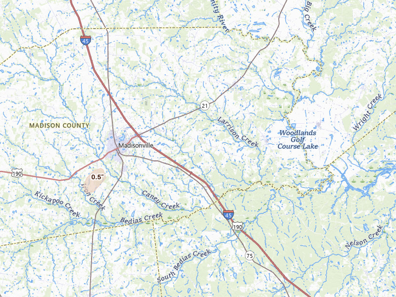 Radar-estimated hail-size map of the storm over Madisonville, TX on Apr 12, 2026