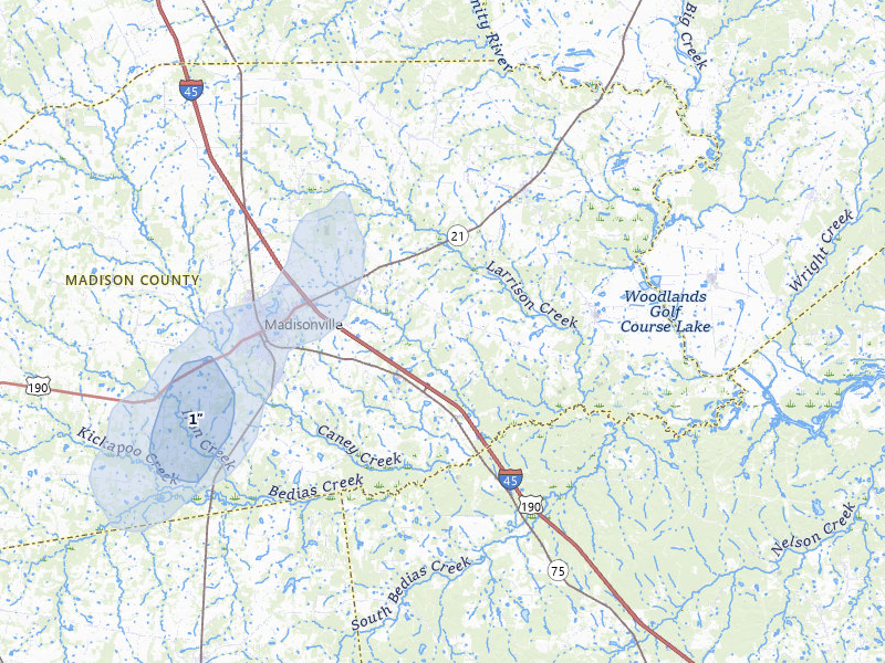 NEXRAD radar-signature map of the hail over Madisonville, TX