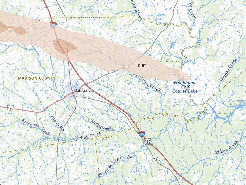 Radar-estimated hail-size map of the storm over Madisonville, TX on Apr 29, 2026