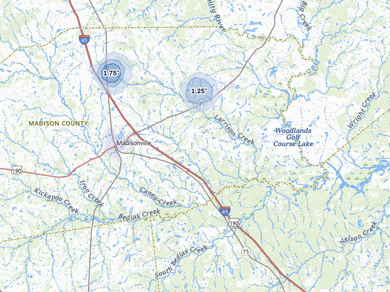 NEXRAD radar-signature map of the hail storm over Madisonville, TX on Apr 29, 2026