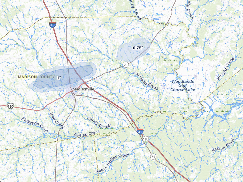 NEXRAD radar-signature map of the hail storm over Madisonville, TX on May 7, 2026