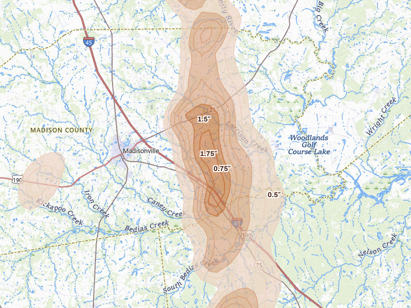 Radar-estimated hail-size map of the storm over Madisonville, TX on May 10, 2026