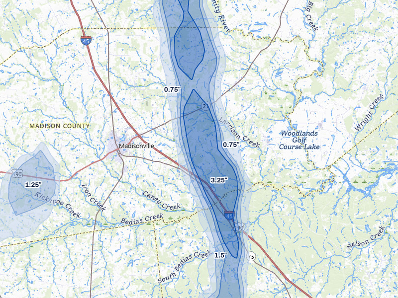 NEXRAD radar-signature map of the hail storm over Madisonville, TX on May 10, 2026