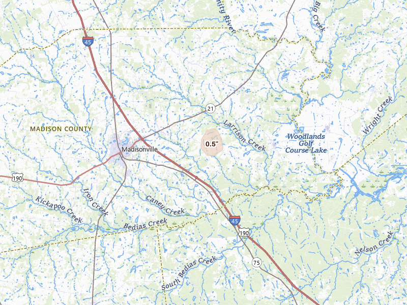 Radar-estimated hail-size map of the storm over Madisonville, TX on May 26, 2026