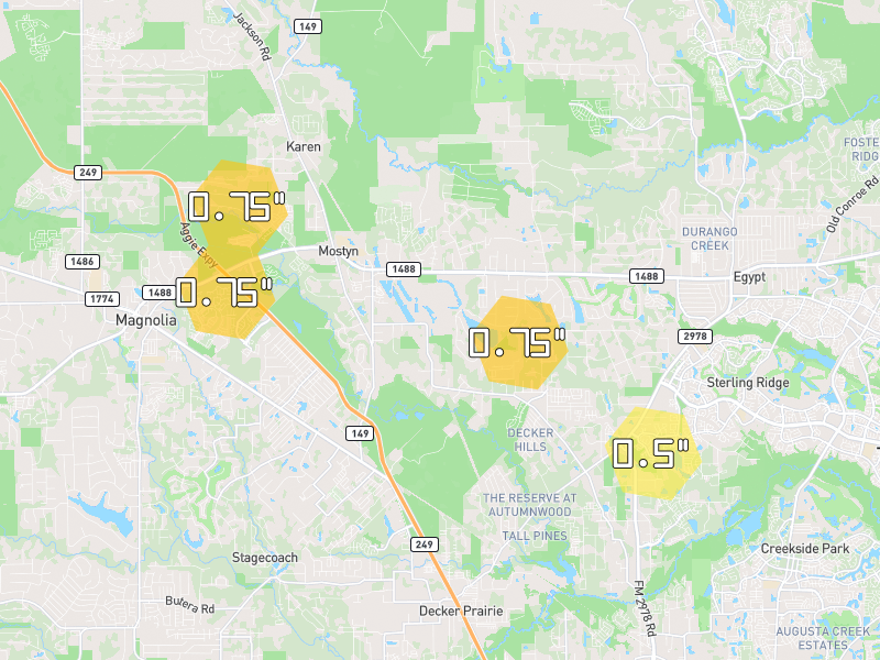 Hail map of Magnolia, TX on Jun 2, 2026, hail up to 0.75"