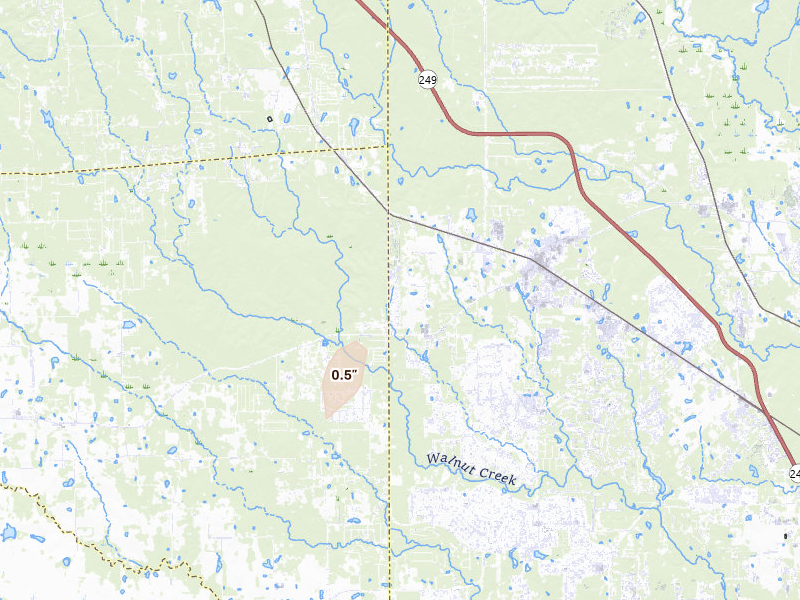 Radar-estimated hail-size map of the storm over Magnolia, TX on Jul 22, 2026