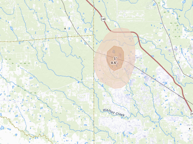 Radar-estimated hail-size map of the storm over Magnolia, TX on Aug 27, 2026