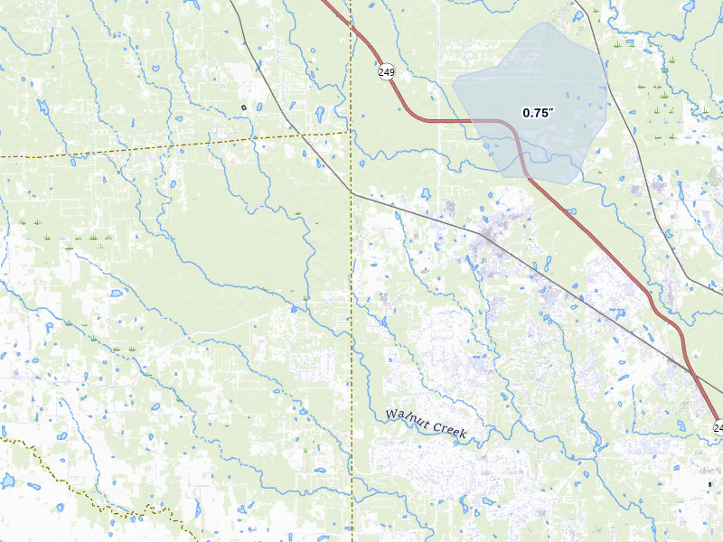NEXRAD radar-signature map of the hail storm over Magnolia, TX on Aug 27, 2026