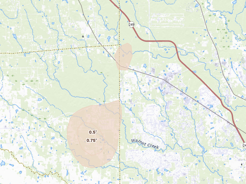 Radar-estimated hail-size map of the storm over Magnolia, TX on Aug 28, 2026