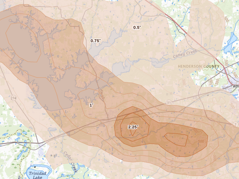 Radar-estimated hail-size map of the storm over Malakoff, TX on Apr 29, 2026