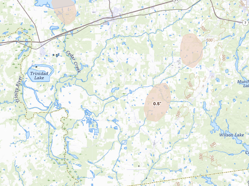 Radar-estimated hail-size map of the storm over Malakoff, TX on Aug 8, 2026