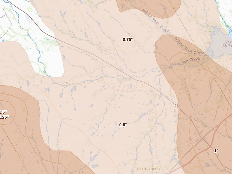 Radar-estimated hail-size map of the storm over Malone, TX on Apr 28, 2026