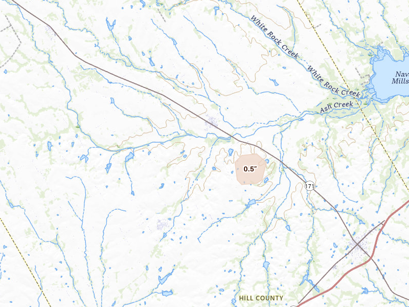 Radar-estimated hail-size map of the storm over Malone, TX on May 24, 2026