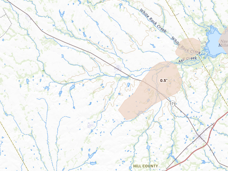 Radar-estimated hail-size map of the storm over Malone, TX on May 25, 2026